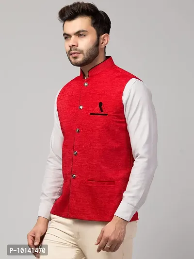 PDK Fashions Men's Silk Blend, Embroidered Nehru Jacket (Red, Large)-thumb3