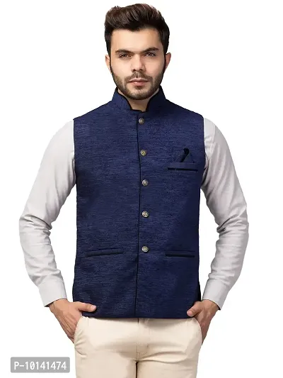 PDK Fashions Men's Silk Blend, Embroidered Nehru Jacket (Blue, X-Large)