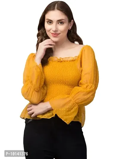 PDK Fashions Ruched Cold Shoulder Net Sleeve Tops for Women | Yellow, M