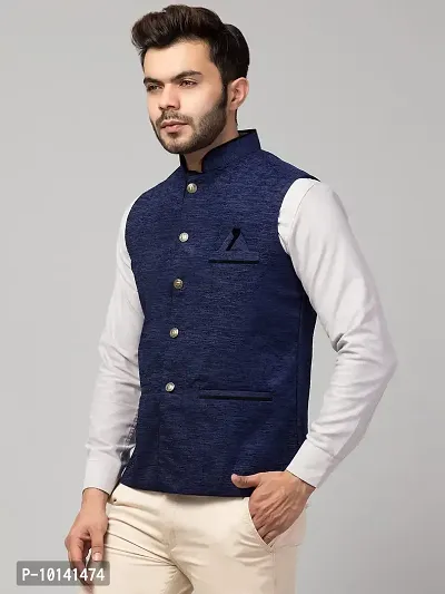 PDK Fashions Men's Silk Blend, Embroidered Nehru Jacket (Blue, X-Large)-thumb3