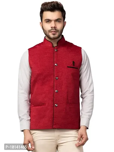 PDK Fashions Men's Silk Blend, Embroidered Nehru Jacket (Maroon, X-Large)-thumb0