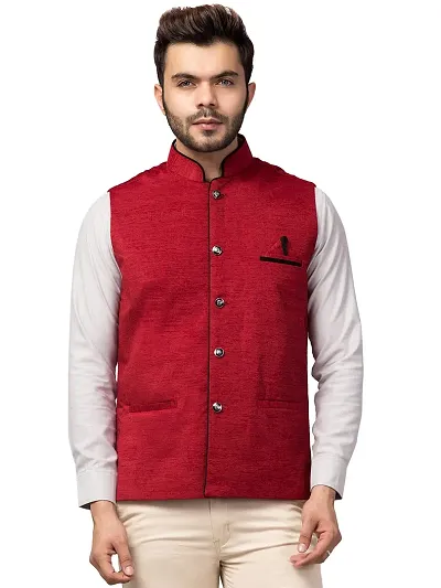 PDK Fashions Men's Silk Blend, Embroidered Nehru Jacket (Maroon, X-Large)