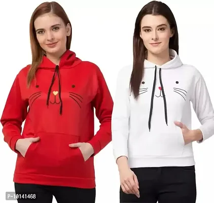 PDK Fashions Cat Hoodie for Women Combo | White & Red, S