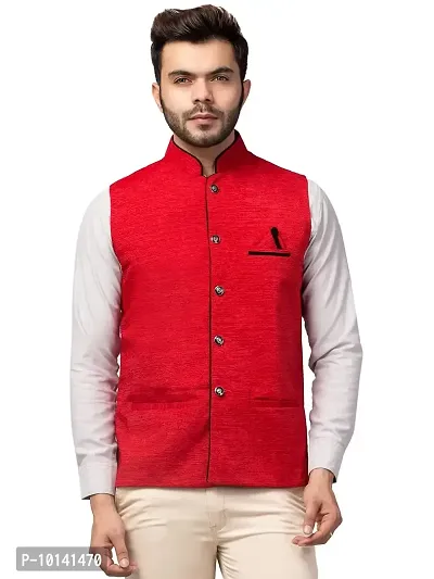 PDK Fashions Men's Silk Blend, Embroidered Nehru Jacket (Red, Large)