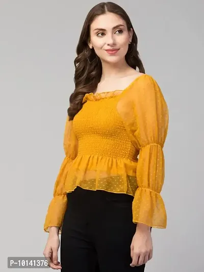 PDK Fashions Ruched Cold Shoulder Net Sleeve Tops for Women | Yellow, M-thumb6