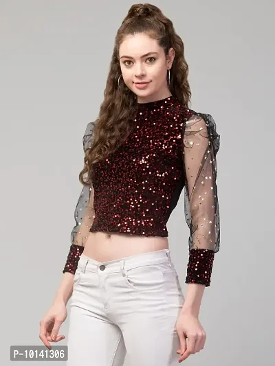 PDK Fashions Women's Sequin Crop Top (Red, XL)-thumb4