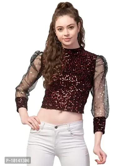 PDK Fashions Women's Sequin Crop Top (Red, XL)-thumb1