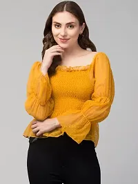 PDK Fashions Ruched Cold Shoulder Net Sleeve Tops for Women | Yellow, M-thumb4