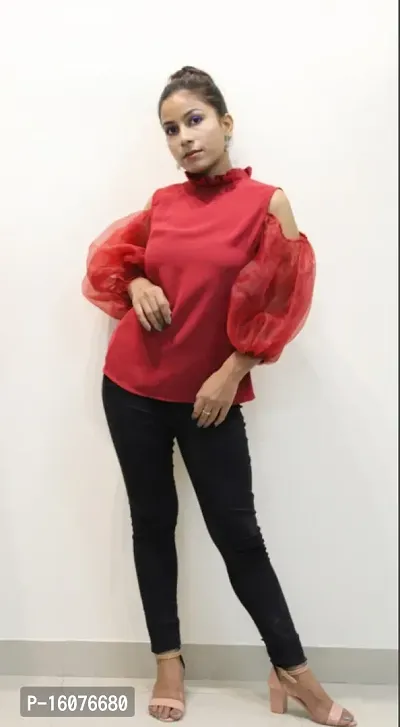 Elegant Red Organza Solid Top For Women