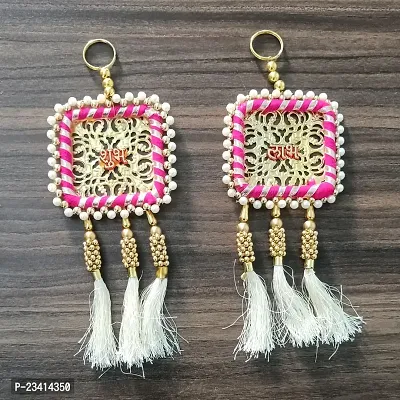 Shubh Labh Door Hanging Pair Traditional Designed Decorative Wall Art Latkan for Home (Pink Golden)