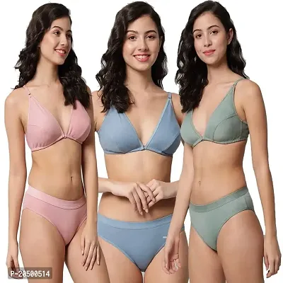 Emavic Women's Cotton Non Padded Wire Free Front Open Bra Panty Lingerie Set Honeymoon Bikni Set for Girl's Combo Pack of 3 (Eng F.Opn Set-P3_Multicolor_40)-thumb0