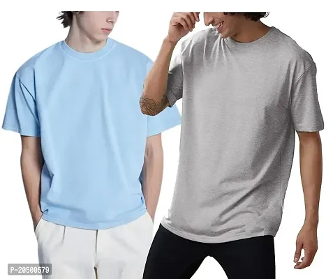 Emavic Men's Cotton Solid Half Sleeves Oversized Round Neck Drop Shoulder Relaxed/Loose Fit T-Shirt Combo Pack of 2-thumb0