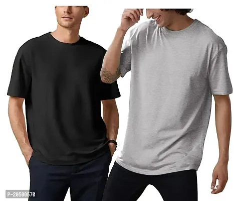 Emavic Men's Cotton Solid Half Sleeves Oversized Round Neck Drop Shoulder Relaxed/Loose Fit T-Shirt Combo Pack of 2