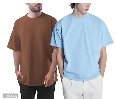 Emavic Men's Cotton Solid Half Sleeves Oversized Round Neck Drop Shoulder Relaxed/Loose Fit T-Shirt Combo Pack of 2-thumb0