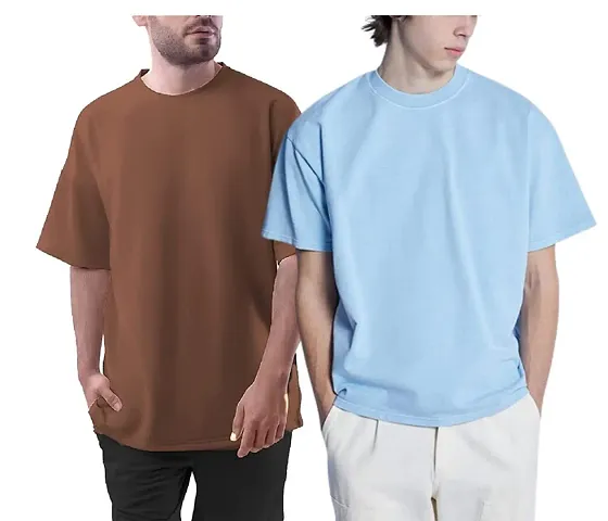 Emavic Men's Solid Half Sleeves Oversized Round Neck Drop Shoulder Relaxed/Loose Fit T-Shirt Combo Pack of 2