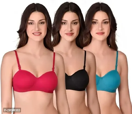 Emavic Women's Cotton Blend Lightly Padded Half Cup Wirefree T-Shirt Bra Combo Pack of 3-thumb0