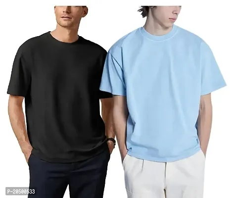 Emavic Men's Cotton Solid Half Sleeves Oversized Round Neck Drop Shoulder Relaxed/Loose Fit T-Shirt Combo Pack of 2
