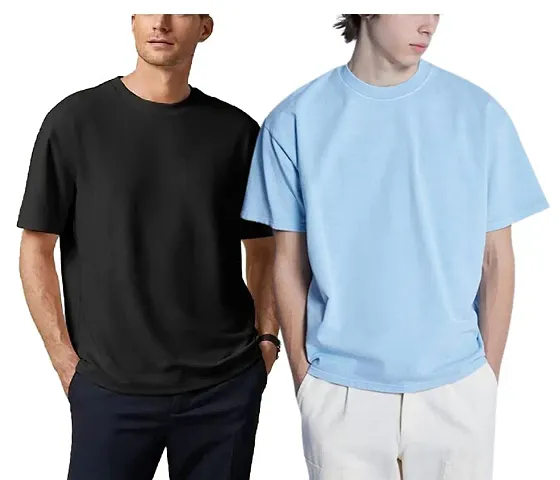 Emavic Men's Solid Half Sleeves Oversized Round Neck Drop Shoulder Relaxed/Loose Fit T-Shirt Combo Pack of 2