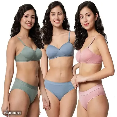 Emavic Women's Cotton Full Coverage Lightly Padded Wire Free Bra Panty Lingerie Set Honeymoon Bikni Set for Girl's Combo Pack of 3-thumb0