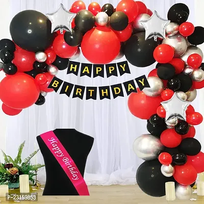 Day Decor Happy Birthday Decoration Balloon Combo Of 45 Pcsblack Happy Birthday Bannerblacksliver And Red Colors Of Balloons With Combo Pack-thumb0