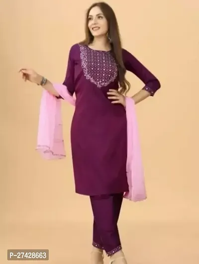 Stylish Purple Rayon Kurta With Pant And Dupatta For Women