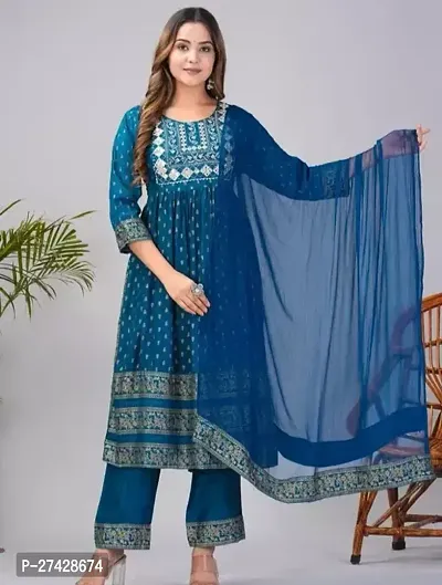 Stylish Blue Rayon Kurta With Pant And Dupatta For Women-thumb0