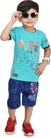 Zenat Boys Cotton Blend Regular Fit Printed Round Neck Half Sleeve Casual Wear T-Shirt  Jeans SetTS-Pure-thumb0