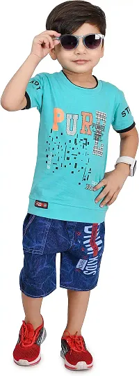 Zenat Boys Cotton Blend Regular Fit Printed Round Neck Half Sleeve Casual Wear T-Shirt & Jeans SetTS-Pure