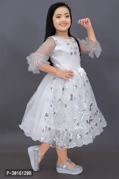 Elegant White Net Self Pattern Dresses For Girls-thumb4