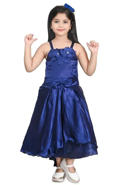 Zenat Girls Silk Blend Regular Fit Calf Length Casual Dress (Navy Blue_6-7 Years)