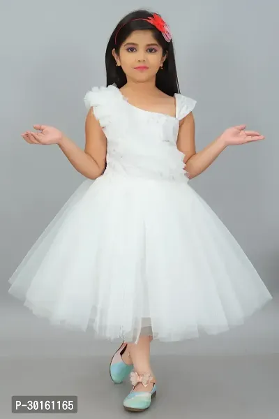 Elegant White Net Self Pattern Dresses For Girls-thumb0