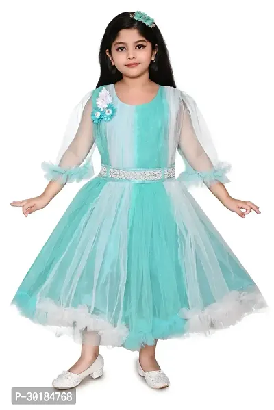 Fabulous Turquoise Net Fit And Flare Dress For Girls-thumb0