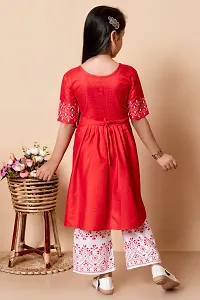 Alluring Red Viscose Rayon Embroidered Kurta With Palazzo For Girls-thumb1