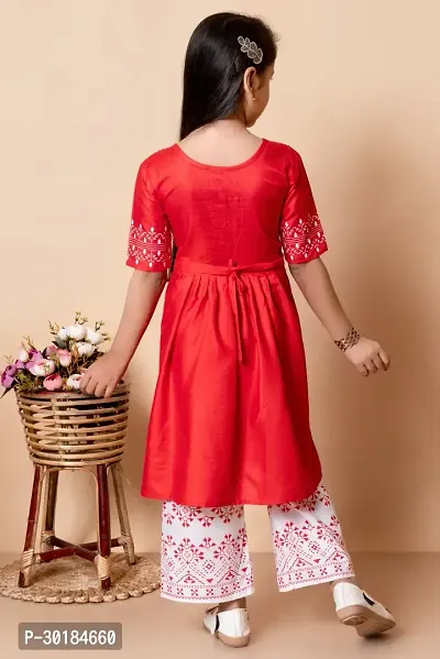 Alluring Red Viscose Rayon Embroidered Kurta With Palazzo For Girls-thumb2