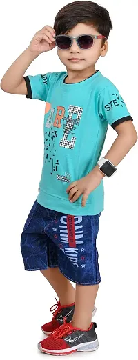 Zenat Boys Cotton Blend Regular Fit Printed Round Neck Half Sleeve Casual Wear T-Shirt  Jeans SetTS-Pure-thumb3