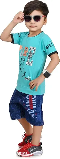 Zenat Boys Cotton Blend Regular Fit Printed Round Neck Half Sleeve Casual Wear T-Shirt  Jeans SetTS-Pure-thumb4