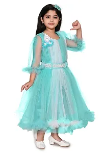 Fabulous Turquoise Net Fit And Flare Dress For Girls-thumb3