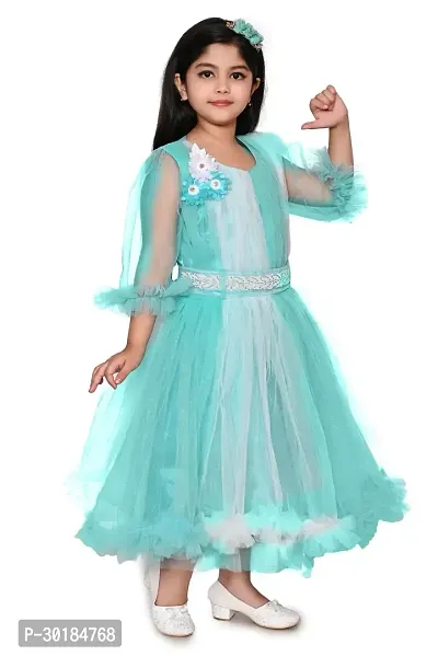 Fabulous Turquoise Net Fit And Flare Dress For Girls-thumb4