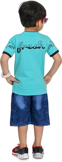 Zenat Boys Cotton Blend Regular Fit Printed Round Neck Half Sleeve Casual Wear T-Shirt  Jeans SetTS-Pure-thumb2