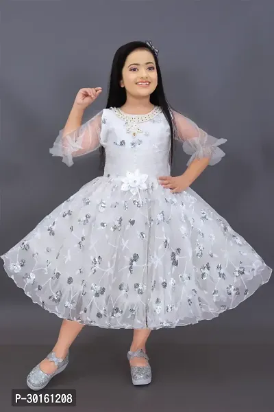 Elegant White Net Self Pattern Dresses For Girls-thumb0