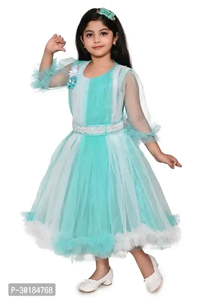 Fabulous Turquoise Net Fit And Flare Dress For Girls-thumb5