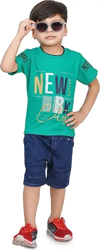 Zenat Boys Cotton Blend Regular Fit Printed Round Neck Half Sleeve Casual Wear T-Shirt & Jeans SetNEWYORK-NB-
