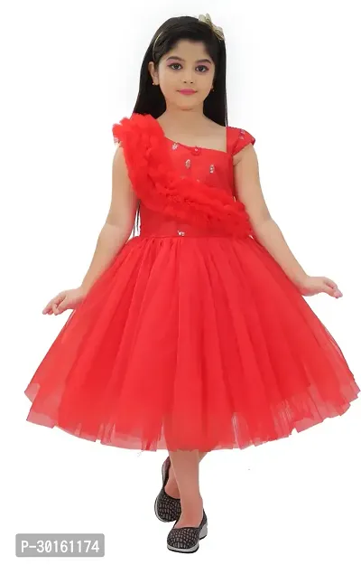 Elegant Red Net Self Pattern Dresses For Girls-thumb0