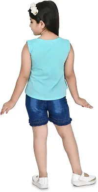 Zenat Girls Polycotton Regular Fit Printed Round Neck Half Sleeve Casual Wear Top  Pant Set (Sky Blue_4-5 Years)-thumb1