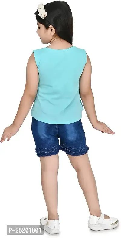 Zenat Girls Polycotton Regular Fit Printed Round Neck Half Sleeve Casual Wear Top  Pant Set (Sky Blue_4-5 Years)-thumb2