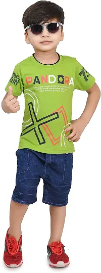 Zenat Boys Cotton Blend Regular Fit Printed Round Neck Half Sleeve Casual Wear T-Shirt & Jeans Set (Green_1-2 Years) Pandora-Green-