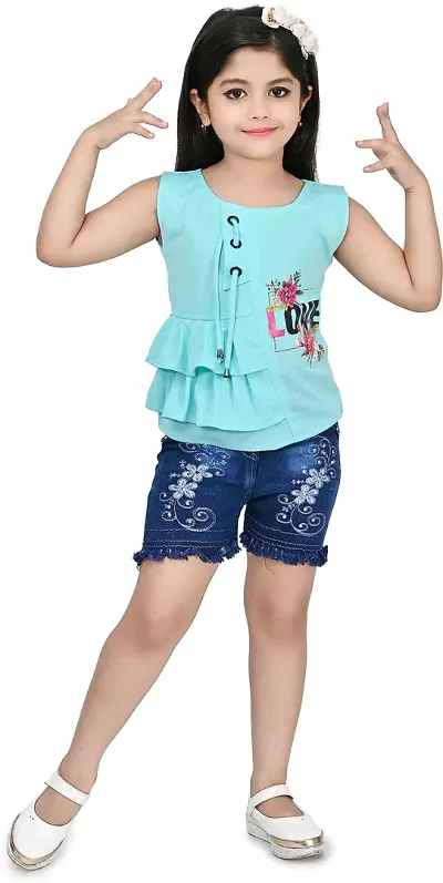 Zenat Girls Polycotton Regular Fit Round Neck Half Sleeve Casual Wear Top Pant Set (Sky Blue_2-3 Years)