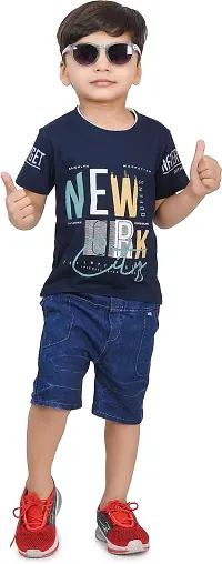 Zenat Boys Cotton Blend Regular Fit Printed Round Neck Half Sleeve Casual Wear T-Shirt & Jeans SetNEWYORK-NB-