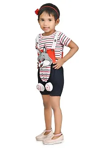 Zenat Girls Cotton Blend Regular Fit Printed Round Neck Half Sleeve Casual Wear Dungaree Dress Set (Navy Blue_2-3 Years)-thumb3