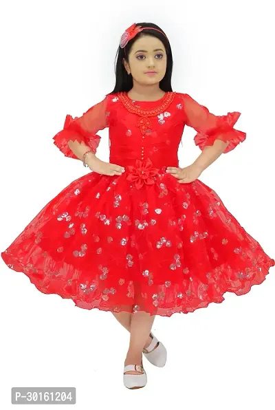 Elegant Red Net Self Pattern Dresses For Girls-thumb0